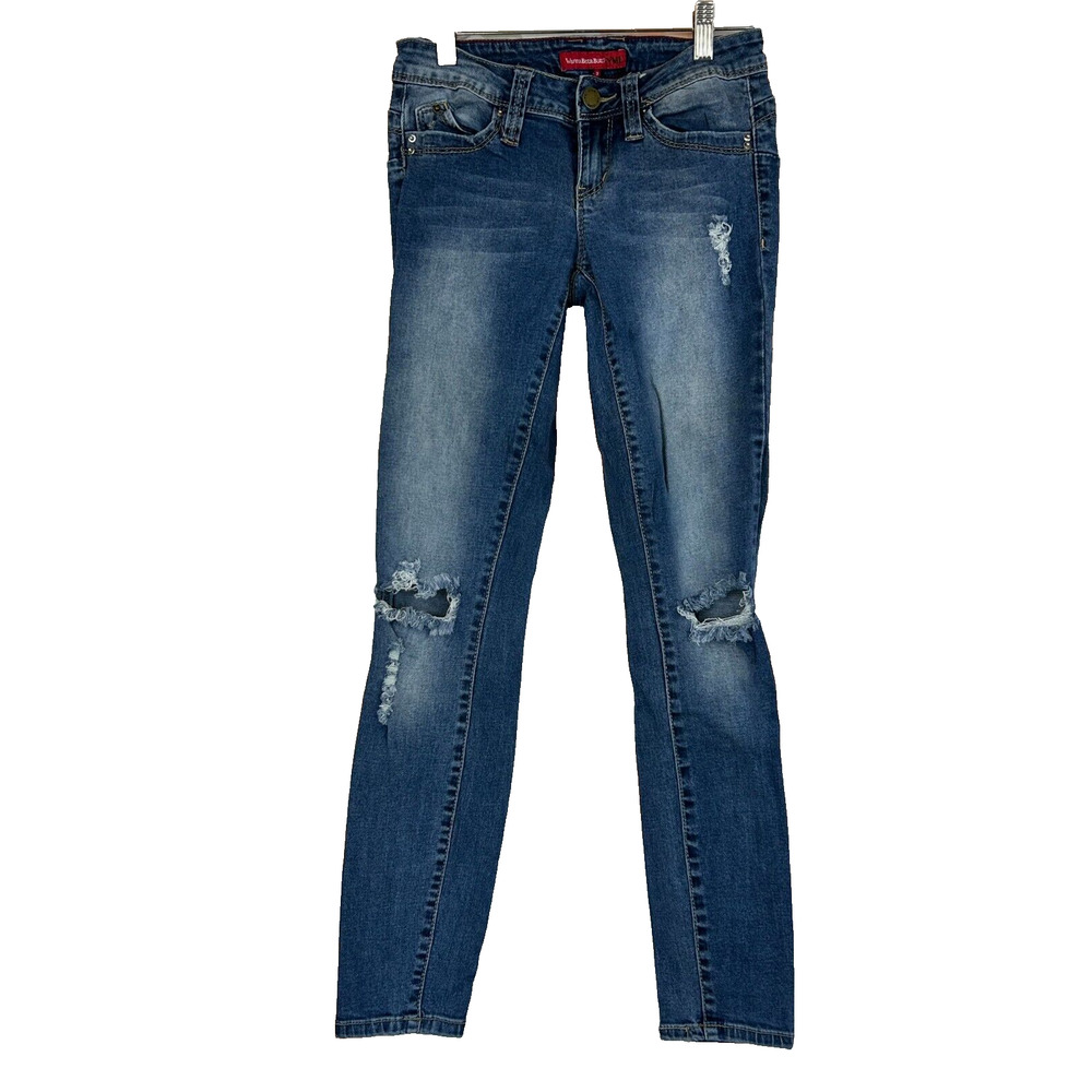YMI Jeans‎ Womens 3 Blue Medium Wash Skinny Distressed Low Rise 5 Pocket Denim